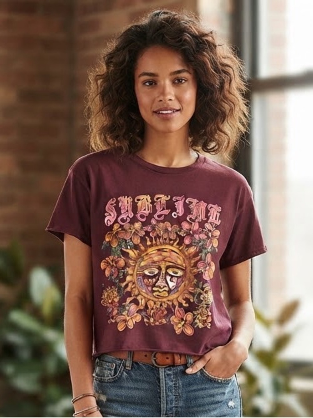 SUBLIME Floral Sun Graphic Tee L 19.5” p2p Burgundy EUC